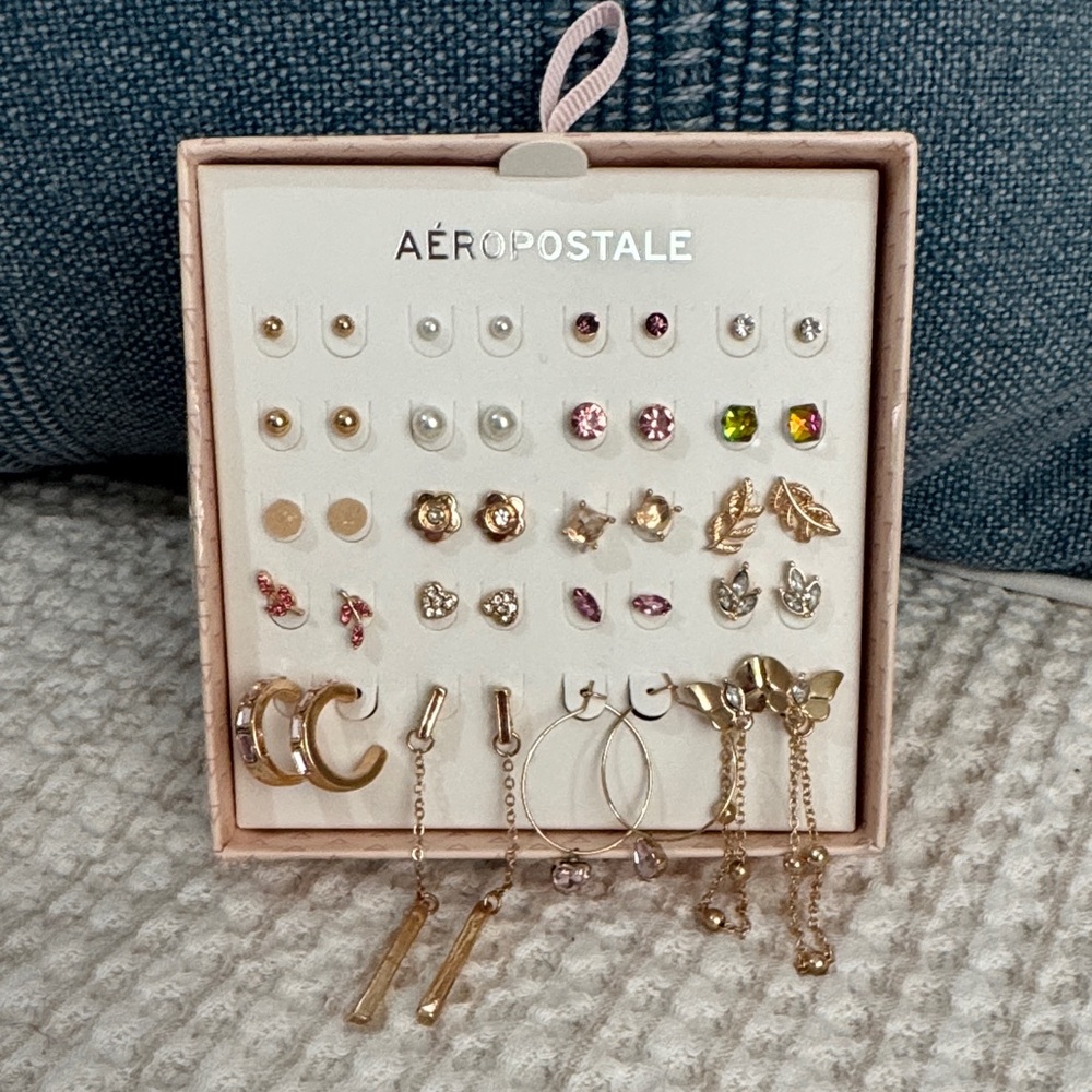 Aeropostale Gold-Tone Earring Set with Pink and Green Accents